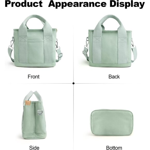 Women's Green Canvas Tote Bag With Multi Pockets Mini Shoulder Bags With Zipper - Picture 3 of 6